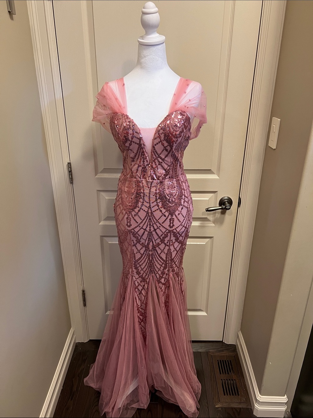 Pink Sequin Mermaid Prom Gown with Tulle Cap Sleeves Off Shoulder